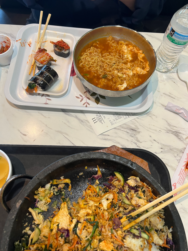 Various Asian dishes on a table top.